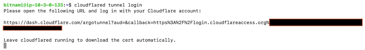 Figure 15: Authenticating cloudflared on the origin server. Cloudflare provides for easily authenticating Cloudflare Tunnel with a Cloudflare account.